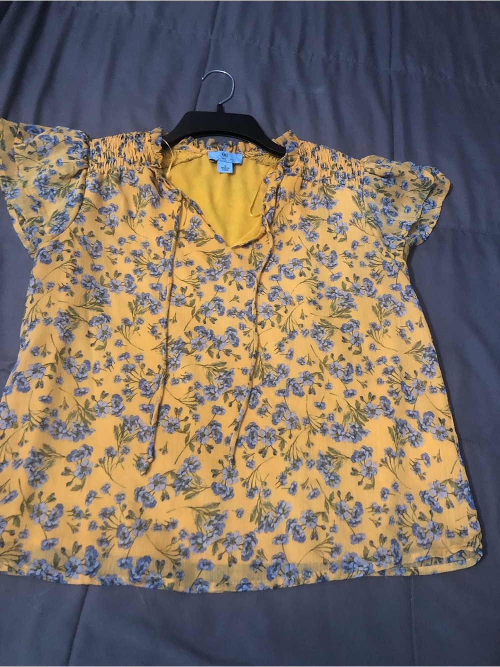 CeCe Yellow Floral Smocked Tie-Front Blouse